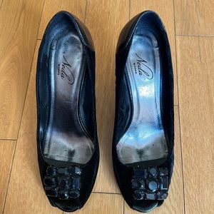 Neda by Bebe black velvet /leather open toe jeweled heels.